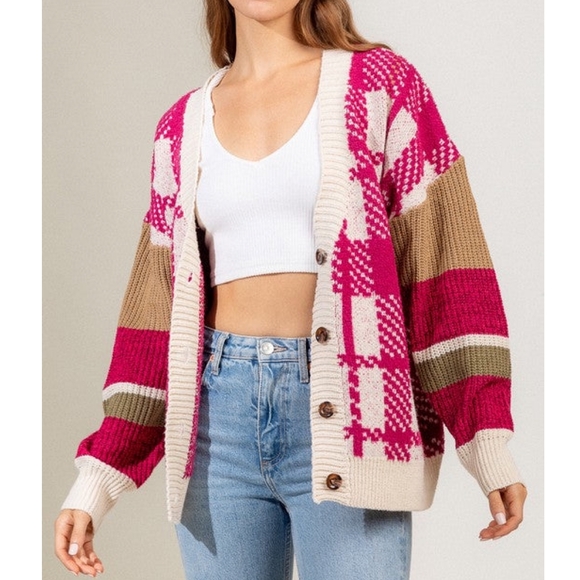 LOVERICHE Cozy Chic Mixed Knitted Magenta Oversized Cardigan - Picture 2 of 8